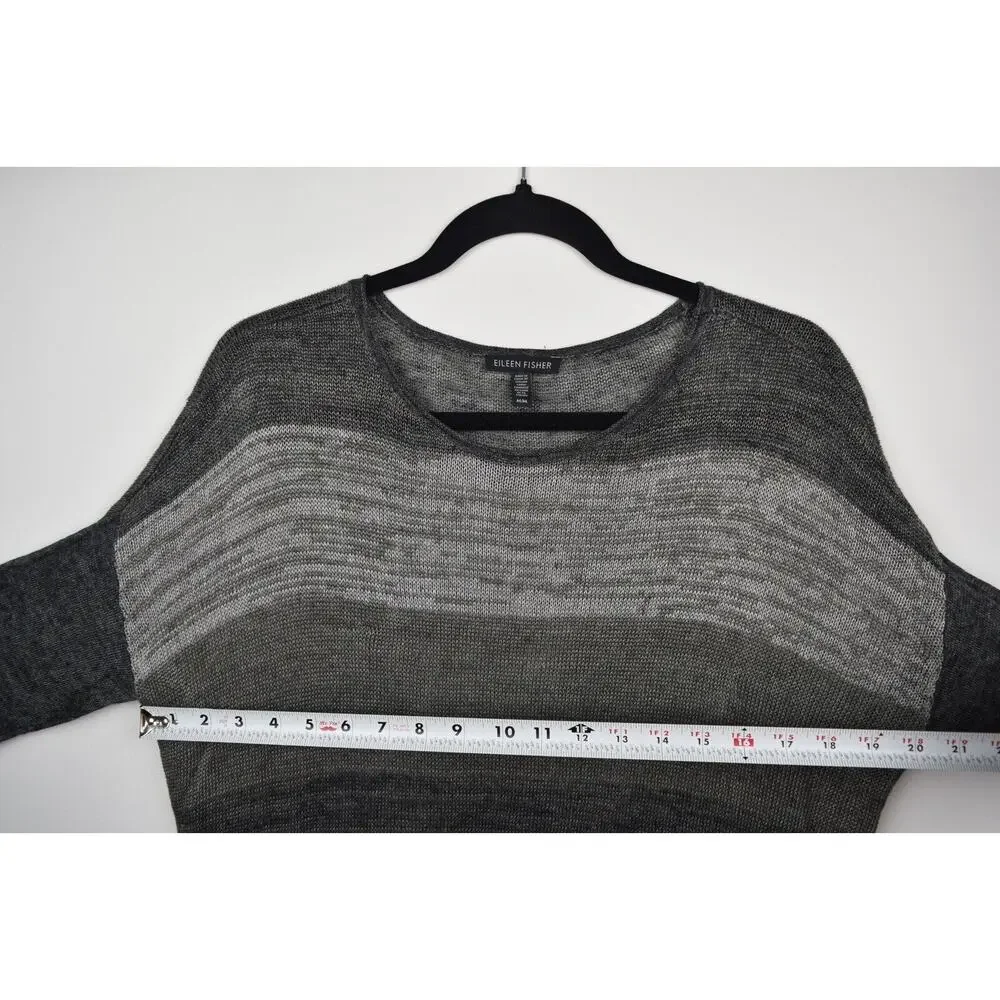 Eileen Fisher Womens Sweater Open Knit Linen Gray Striped Long Sleeve Sz Medium - Picture 16 of 16
